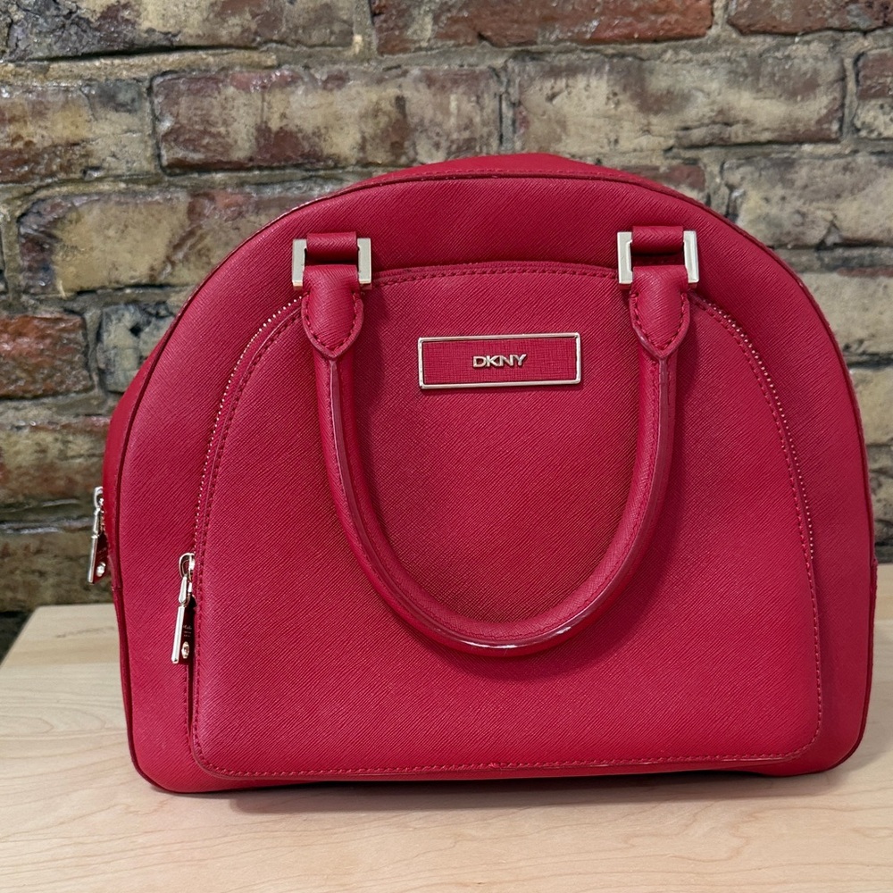 DKNY Red Dome Satchel with Gold Accents
